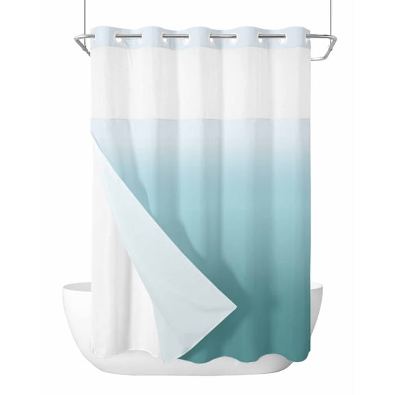 No Hook Shower Curtain with Snap-in Liner, Turquoise Ombre Waterproof Fabric Bathroom Curtains, Teal White Gradient Modern Abstract Art Bath Curtains & Mesh Top Window Stand Up Stall 72"x84" Long