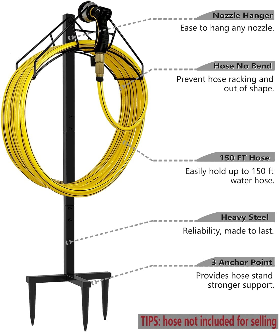 Freestanding Garden Hose Holder Hanger, Heavy Duty Metal Water Hose Reel Storage Stand Rack for Yard Lawn, Bright Black (Hose not Included)