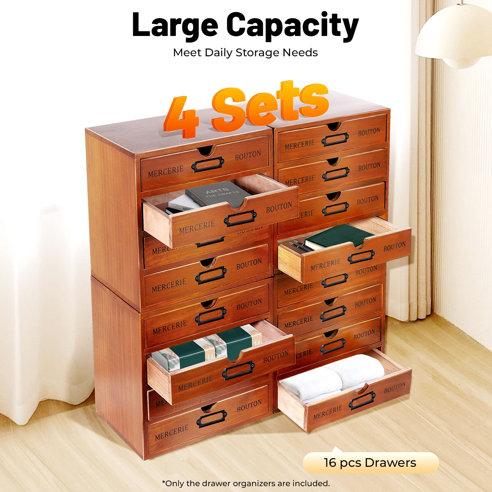 Peakora 4PCS 16-Drawer Wooden Desk Organizer Pine Wood Storage Drawers Vintage Shelf Drawer Desktop Organizer with Drawers Retro Style Storage Box Desktop Storage for Office Study Bedroom Dresser
