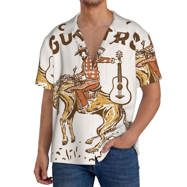 Balery Cowboy Rodeo Guitar Camisa Casual de Manga Corta con Botones para Hombre, Texturizada, Estilo Cubano, para Playa, Verano-Small