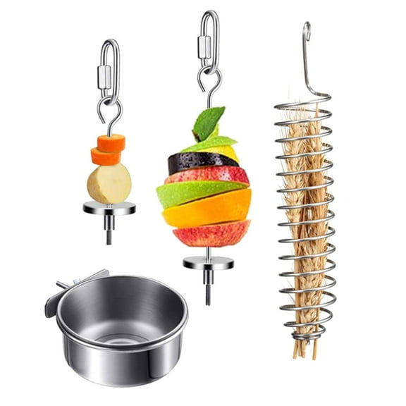 4 Pieces Bird Holder Parrot Stainless Steel Bowl Fruit Feeder Cage Treat Skewer for Finch Cockatiel