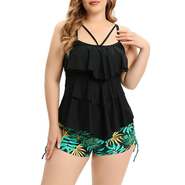 Maillot de Bain Tankini à Volants pour Femmes Grande Taille Deux Pièces Robe de Bain Fluide Contrôle du Ventre avec Shorty
