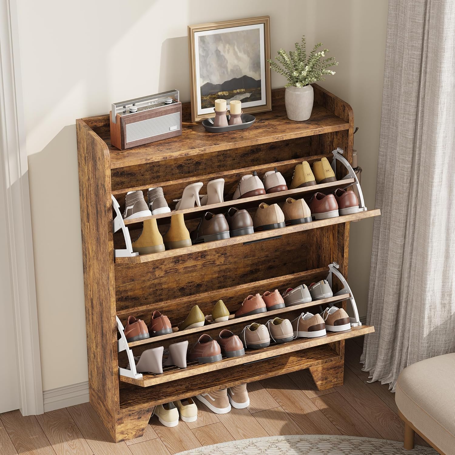 Homhougo Shoe Cabinet for Entryway, Narrow 2-Drawer Flip Shoe Storage Organizer with Adjustable Shelves and Hooks, Slim Hidden Freestanding Shoe Rack for Hallway, Foyer, Garage, 13.8” Deep