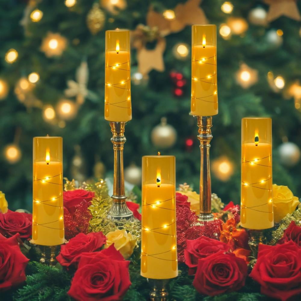 Flameless LED Candles with Timer 5 Pc Flickering Flameless Candles for Romantic Ambiance and Home Decoration Stable Acrylic Shell,with Embedded Star String，Battery Operated Candles
