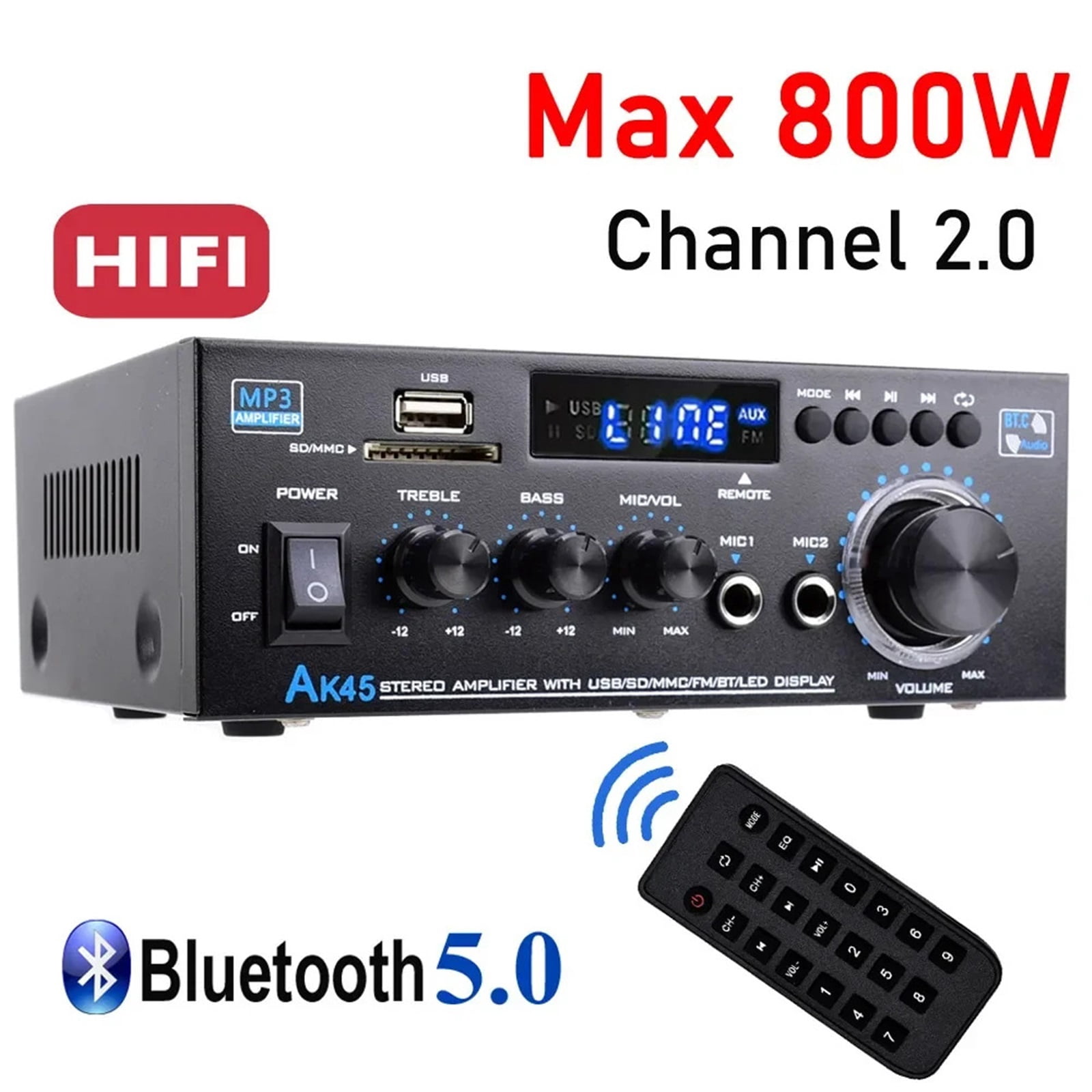 Auto-Partner Car HiFi Digital Amplifier Max Power 90Wx2 Channel 2.0 Surround Sound AMP Speaker AK45 ,Bass Treble Control