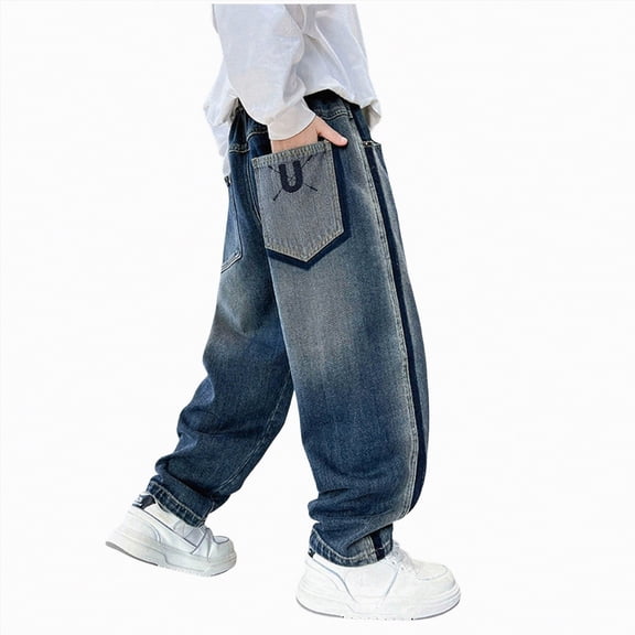 NOLDARES Boys Straight Leg Baggy Jeans Kids Elastic Waist Drawstring Wide Leg Denim Pants with Pockets (Blue,7-8 Years)