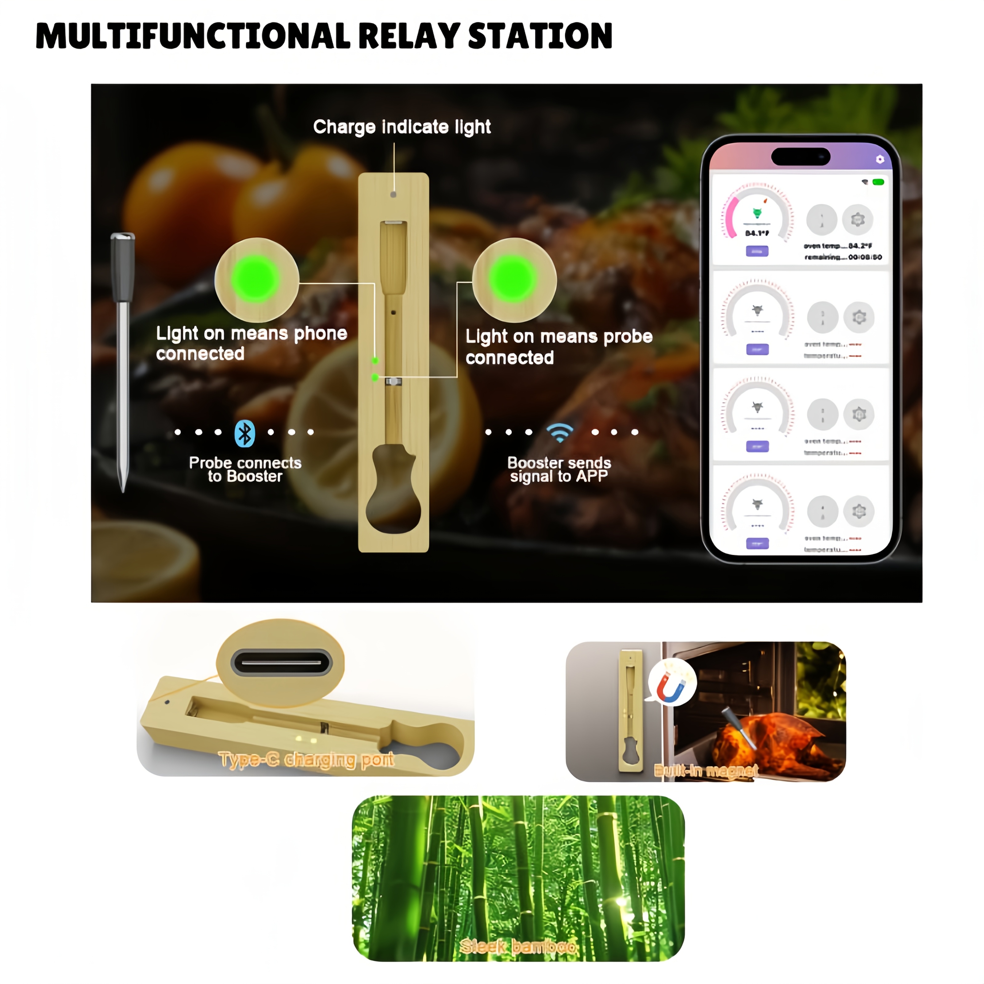 Smart Bluetooth Bamboo Wireless Meat Digital Thermometer for Grill, Oven, Air Fryer, Kitchen, BBQ, Perfect for Steak Chicken Turkey and More Delicious Recipes, Digital Cooking Thermometer with Apps
