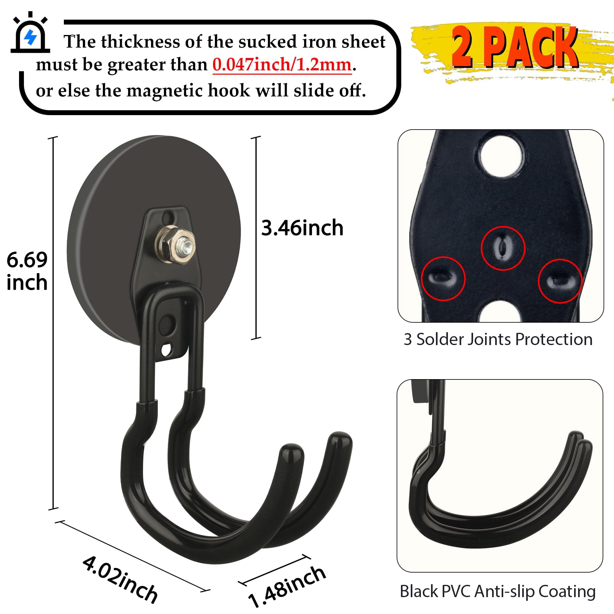 ULIBERMAGNET New Upgraded Extra Large Magnetic Hooks,2 Pack Heavy Duty Ultimate Magnetic Hooks for Metal Cabinet,Pegboard,Garage Shelve,Tool Shed,RV,Shipping Containers (Black/3.46inch)