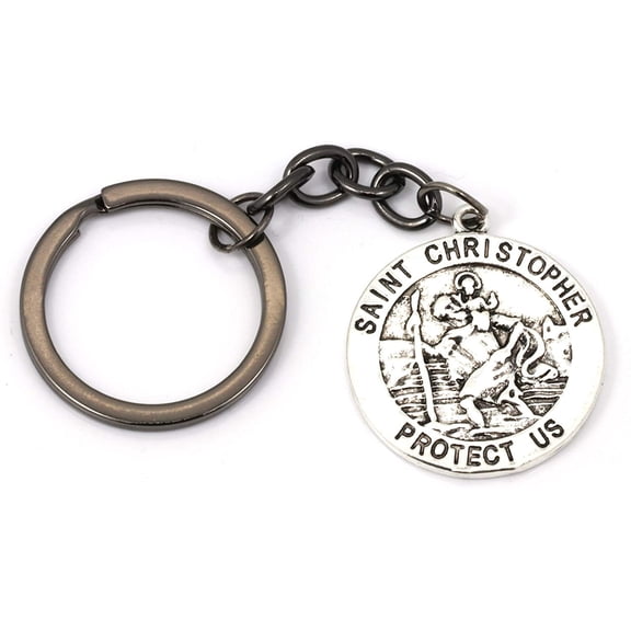 Saint Christopher Protect Us Charm Keychain, Silver, Medium