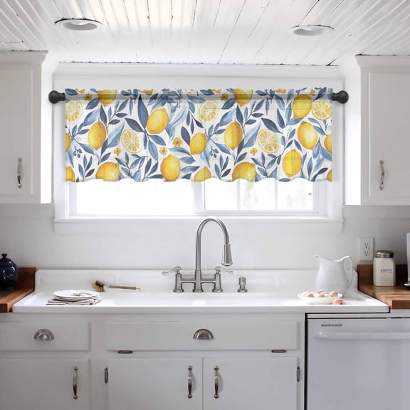 Yellow Lemon Valance Curtains for Kitchen/Living Room/Bathroom/Bedroom Window, Blue Flower Leaves Spring Summer Plant Rod Pocket Small Topper Half Short Window Curtains Voile Sheer Scarf 42"x12"