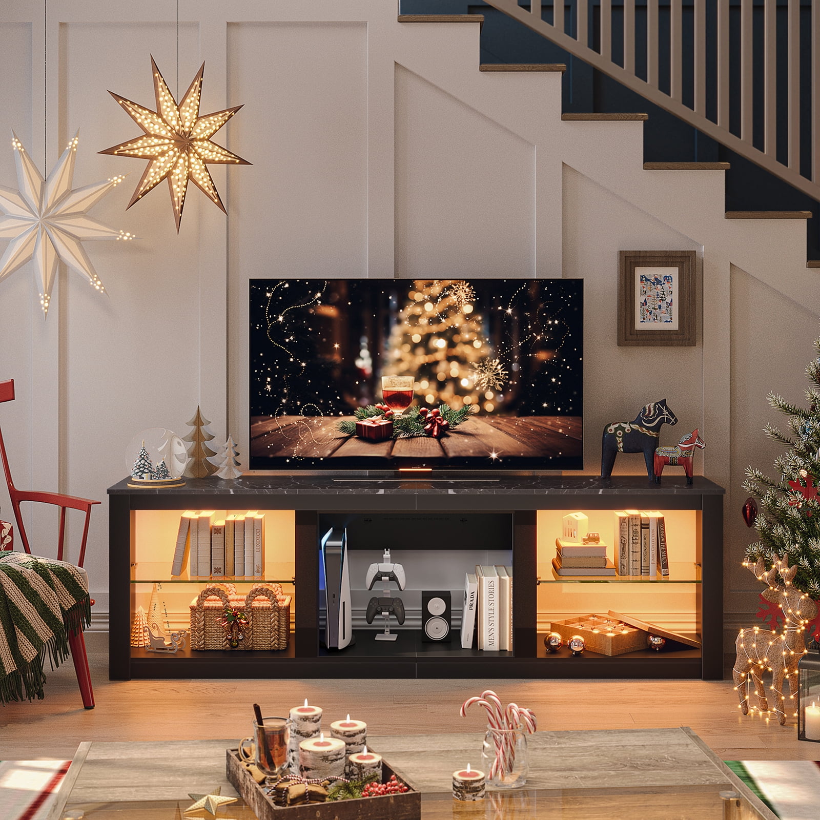 Bestier 70" LED Gaming TV Stand for 65/70/75 inch TVs, Entertainment Center with RGB Lights, Fireplace Space, Tempered Glass Shelves & PS5 Storage, Black