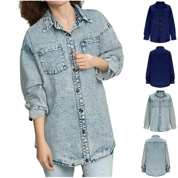 Miluxas Women's Oversized Denim Jackets Casual Button Down Long Boyfriend Jean Coats with Pockets Light Blue S(S)
