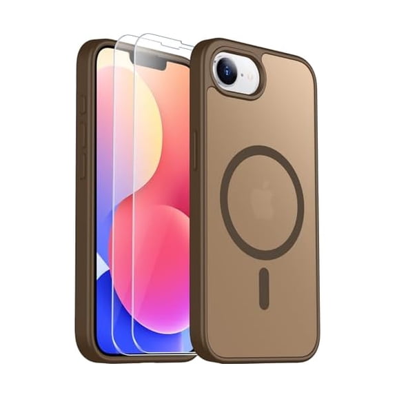 Eryueer for iPhone 16e Case for iPhone 17e Case Magnetic Translucent Matte Case with 2PCS Tempered Glass Screen Protector Slim Phone Case for iPhone 16E/17E 6.1'' Brown