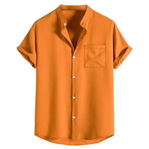 Lolmot Men's Casual Cotton Linen Solid Color Shirt Band Collar Short Sleeve Button Down Pocket Beach Summer Shirts
