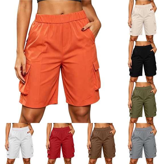 Bloomae Bermuda Cargo Shorts for Women Summer Casual Elastic High Waist Baggy Knee Length Hiking Travel Athletic Short Pants with Mulit-Pockets
