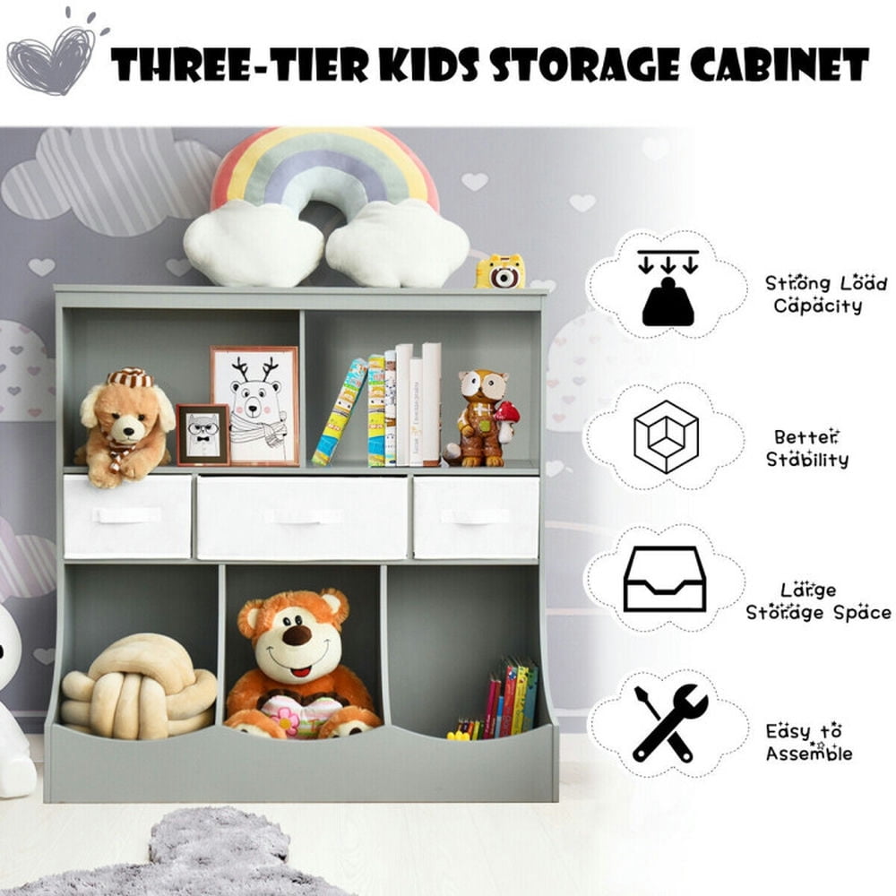Resenkos Freestanding Combo Cubby Bin Storage Organizer Unit W/3 Baskets-Gray, Kids Toy Storage for Kids, Boys, Girls, Nursery