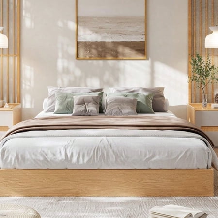 Modern Low-Profile Platform Bed Frame, Floor-Standing Bed Frame, Wood Platform Bed Without Headboard, Wood Slat Support, No Box Spring Needed,for Apartments, Bedroom, Small Spaces