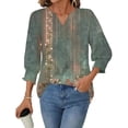 thumbnail image 6 of JTZGDY Floral Tops for Women Boho Printed Summer 3/4 Lenght Sleeve V Neck Graphic Tunic T-Shirts Loose Fit Dressy Casual Western Shirts with Smoked Cuff Sleeves Green#02 L, 6 of 8