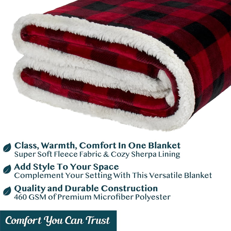PAVILIA Buffalo Plaid Sherpa Blanket Queen | Fuzzy Red Black