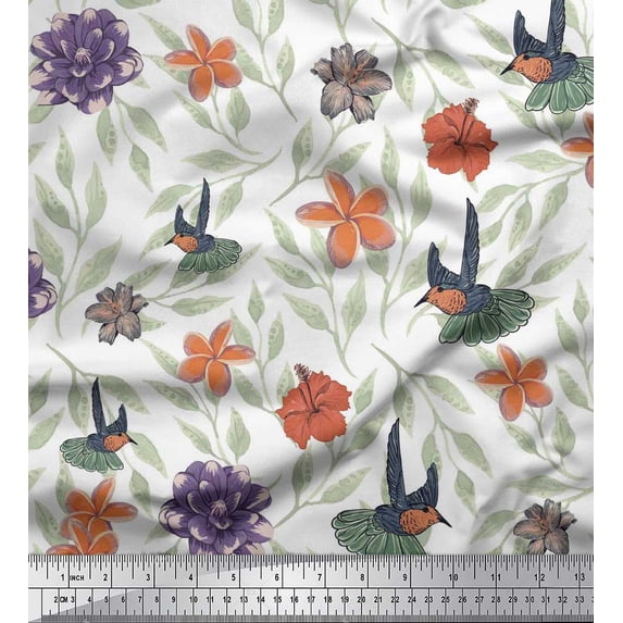 Soimoi White Satin Silk Fabric Flying Bird & Floral Print Fabric by The Yard 42 Inch Wide