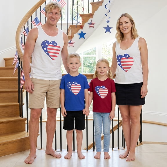 Family 4th of July Shirts Star Striped Print Crew Neck Short Sleeve T-Shirts Matching Outfits