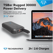 Techsmarter 30000mah Rugged & Waterproof 45W USB-C PD Power Bank. Portable Battery Charger with Flashlight for iPhone, Samsung Galaxy, iPad Air/Pro, Macbook, Androids, LG, HTC, Motorola, Chromebook