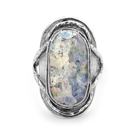 Large Oval Glass - Oxidized Textured Sterling Silver Ring Large Oval Roman Glass - Ring Size: 6 to 10