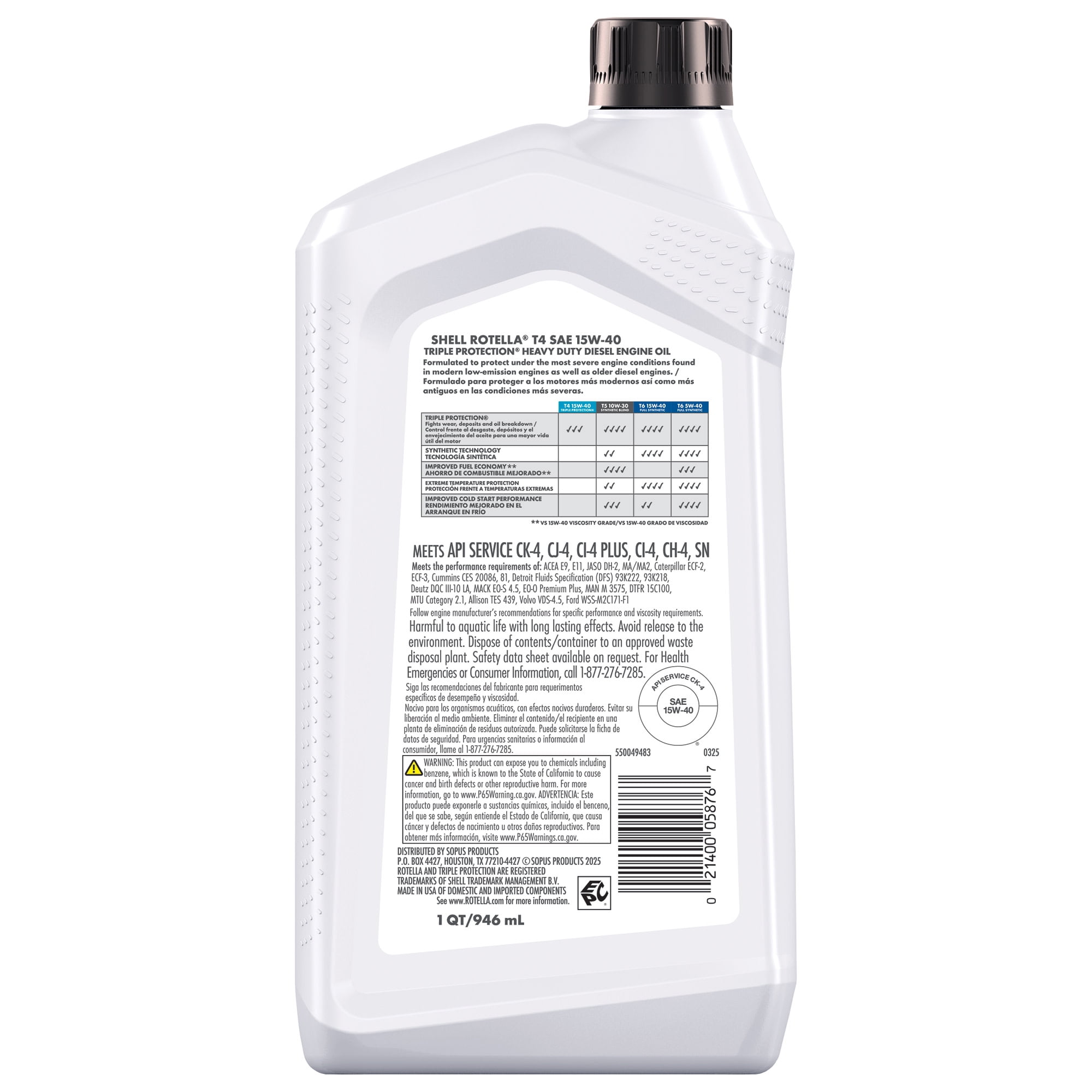 Shell Rotella T4 Triple Protection 15W-40 Diesel Engine Oil, 1 Quart