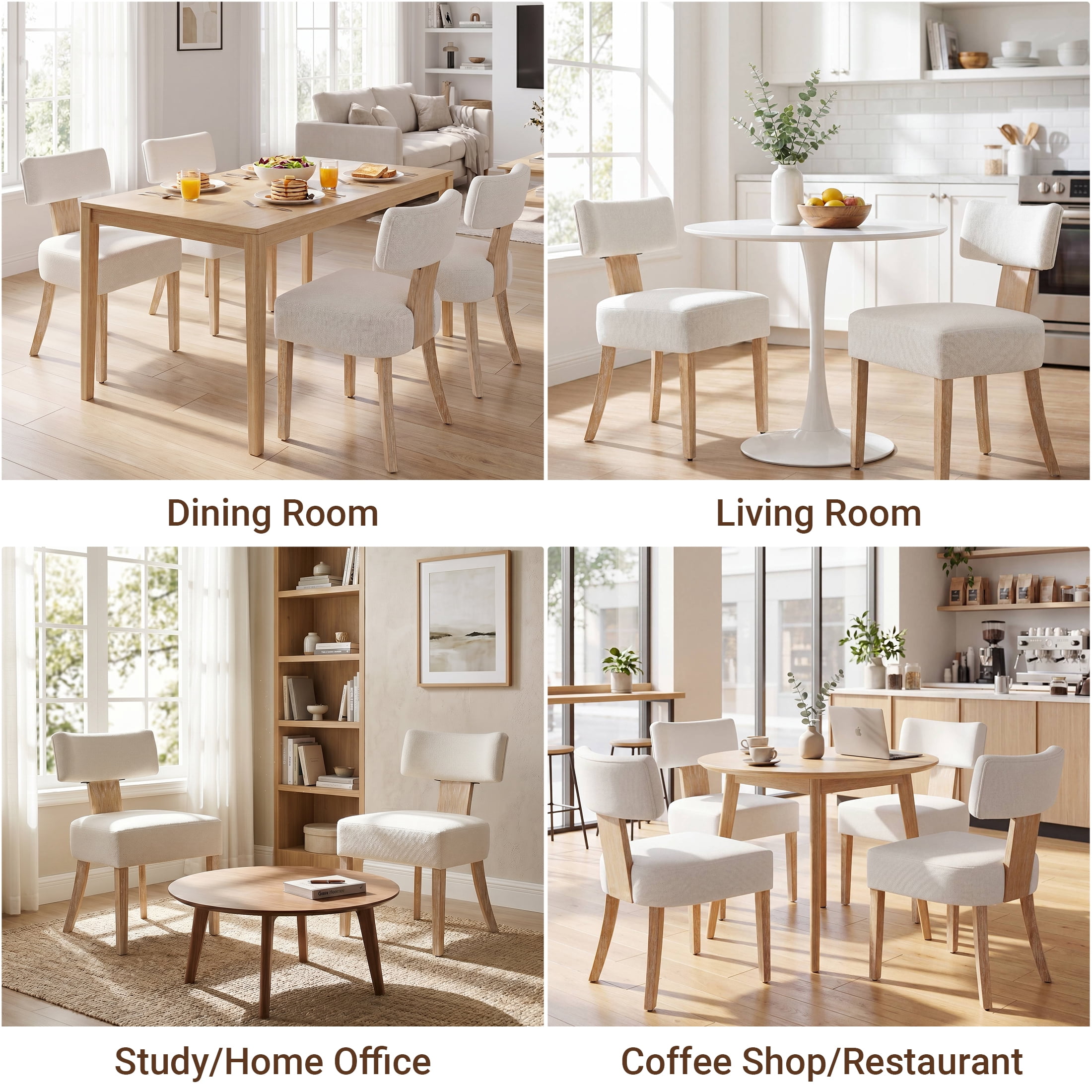 TrumanPick Mid Century Modern Dining Chairs Set of 6, Beige Upholstered Farmhouse Dining Room Chairs with Curved Backrest & Thick Cushion, Solid Wood Legs for Kitchen, Restaurant