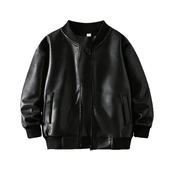 Generic Boys Faux Leather Motorcycle Jacket Zip Up Varsit𝐲 Baseball Coat Kids Fall Long Sleeve PU Leather Moto Biker Bomber Jacket