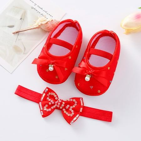 

〖Yilirongyumm〗 Baby Shoes Soft Sole Shoes Set Shoes Headband Little Bow Pearl Toddler Cute Hanging Princess Child Shoes Baby