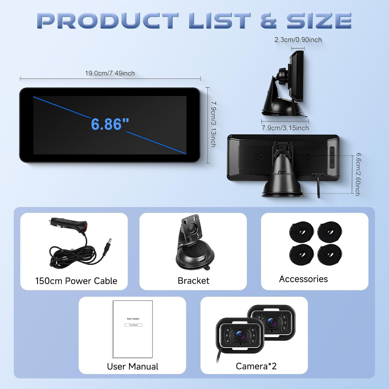 6.86'' Baby Car Camera for Seat HD Bual Rear Facing for Baby, Car Camera for Baby Night Vision Wide View Angle Reusable Sucker Bracket, Easy Install 360° Adjustable