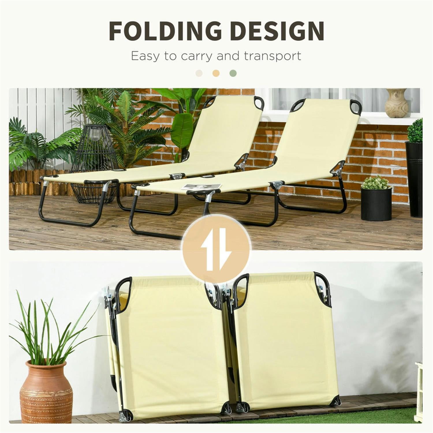 Demi Bonn 2-Piece Outdoor Collapsible Chaise Loungers with Steel Frame, 5-Position Reclining Folding Beach Chairs for Yard, Patio, Beige
