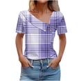 thumbnail image 3 of Swuxness Women Short Sleeve Casual T Shirts, Spring and Summer Tops, Ladies V-Neck Printed Button Comfortable Fashion Loose Pullover Tee Purple, M, 3 of 5
