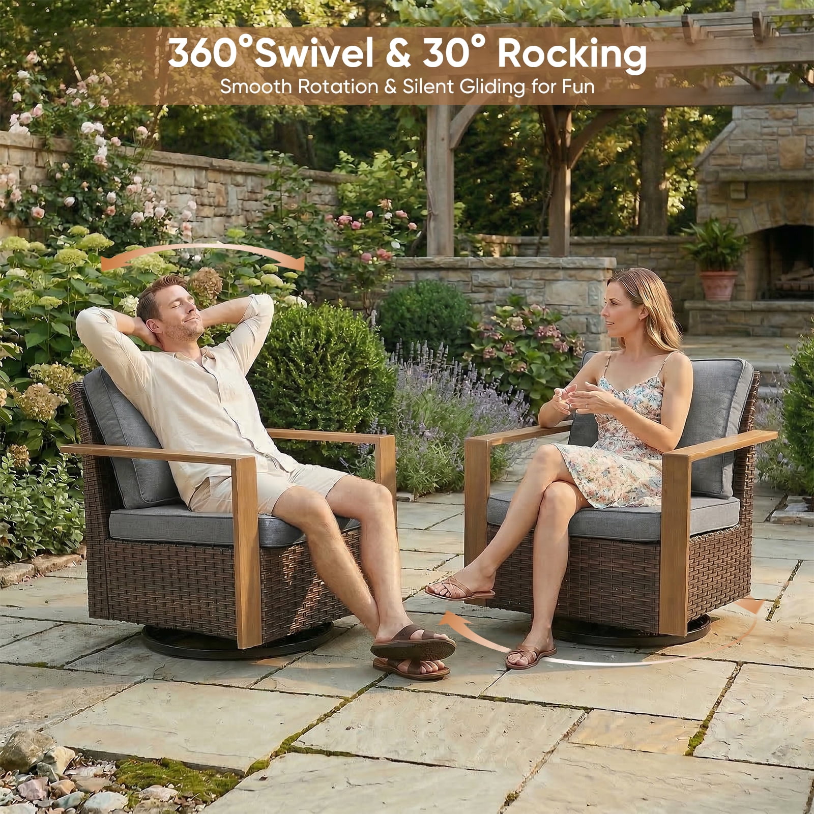 Luxury 5 Pieces Patio Furniture Sets with 50000BTU Propane Fire Pit Table,Outdoor Deep Seating Conversation Set with 4 Swivel Glider Patio Chair for Porch Backyard Balcony