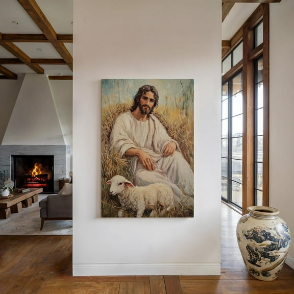 Velto Jesus With Lamb Canvas Art | Peaceful Christian Wall Decor | Good Shepherd | Religious Artwork For Faithful Homes Canvas, 8x10 UNFRAMED