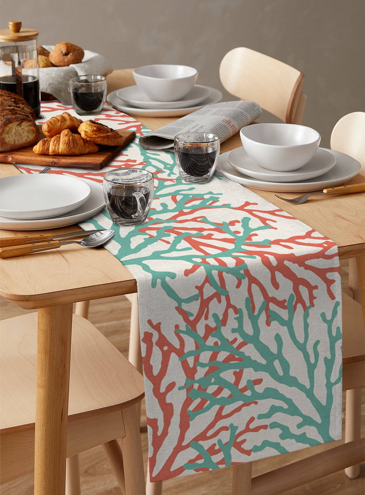Table Runner Dresser Scarves 60 Inch Long, Ocean Teal and Orange Sea Coral on Linen Linen Dining Table Runners Nautical Abstract Marine Life Tabletop Scarf for Wedding Holiday Party Kitchen