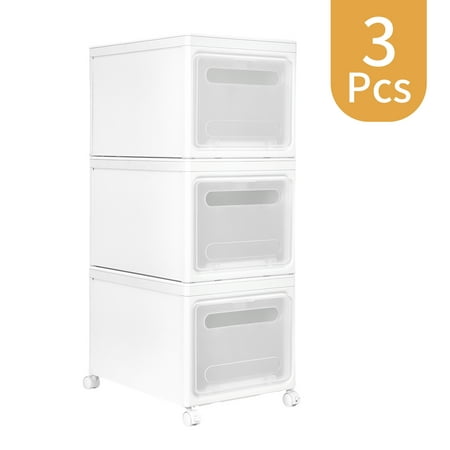 WAYTRIM Toy Box with Wheels Storage Bins with Lids for Kitchen Bedroom Closet Stackable Plastic White 3 Pack Large