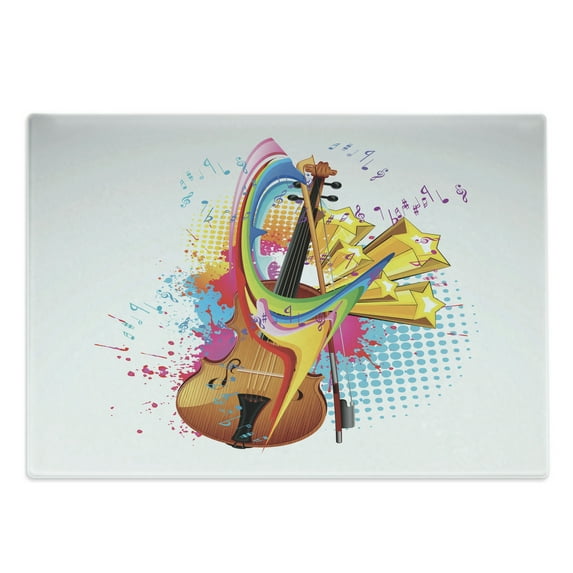 Cello Cutting Board, Creative Colorful Illustration of Musical Notes String Instrument and Splashes, Decorative Tempered Glass Cutting and Serving Board, in 3 Sizes, by Ambesonne