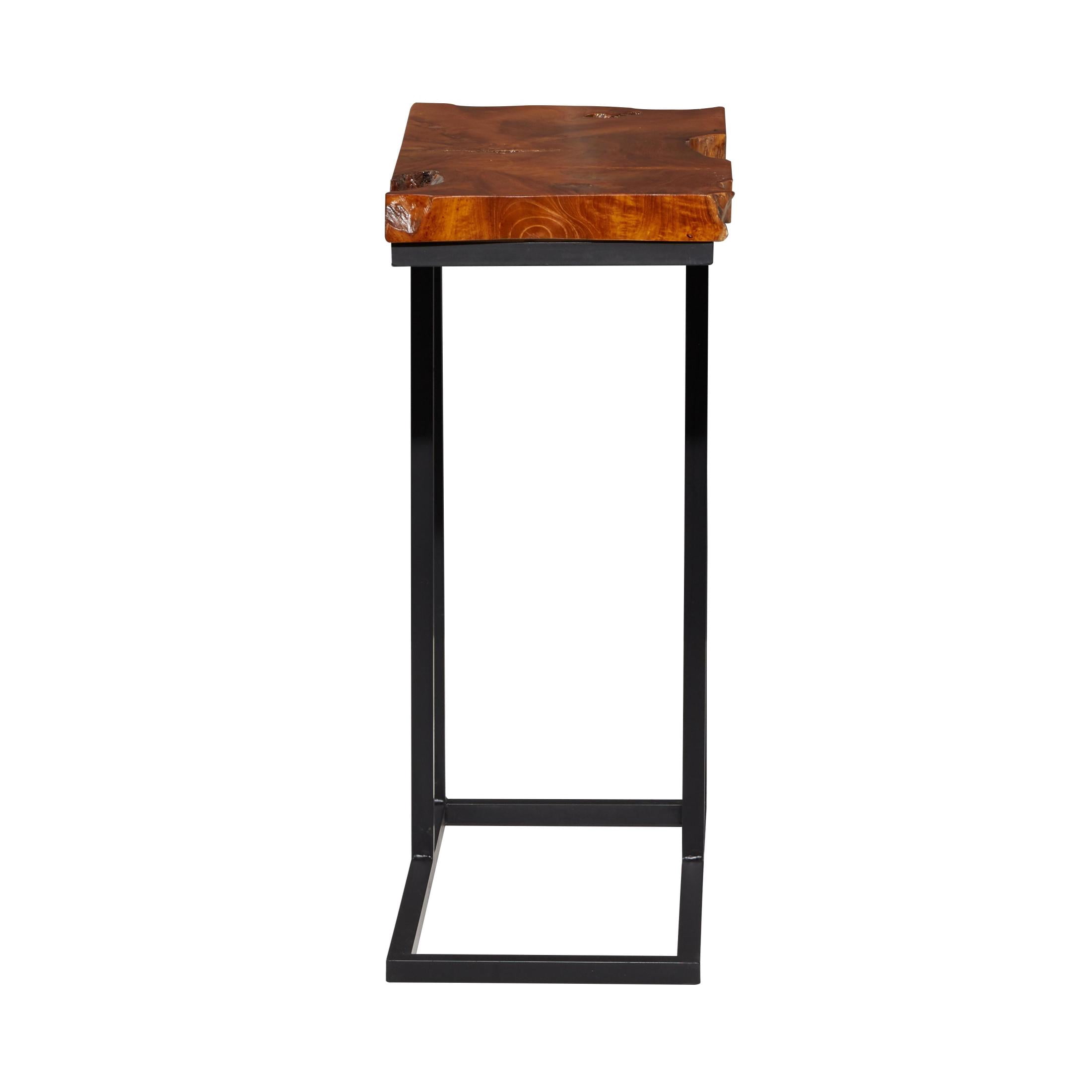DecMode 11" x 25" Brown Teak Wood Live Edge Top Accent Table with Black Metal Base, 1-Piece