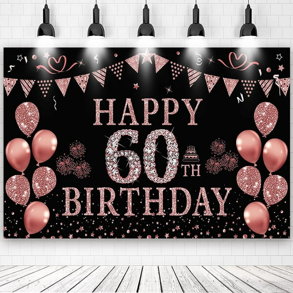60th Happy Birthday Rose Gold Theme Backdrops Banner Birthday Party Decor Supplies,5.9x3.6ft