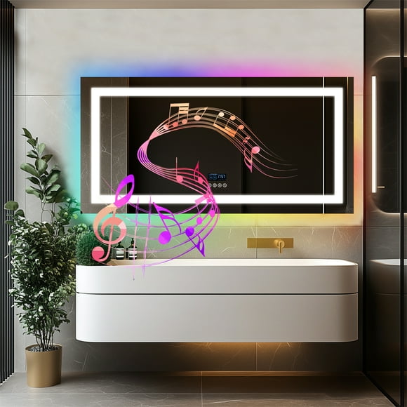 LUVODI Smart LED Bathroom Mirror: 48”x24” Long Rectangle Vanity Mirror with Bluetooth Speaker and HD Digital Display - Wall Mounted Front Back Lit Dimmable Makeup Mirror Anti Fog with Memory Function