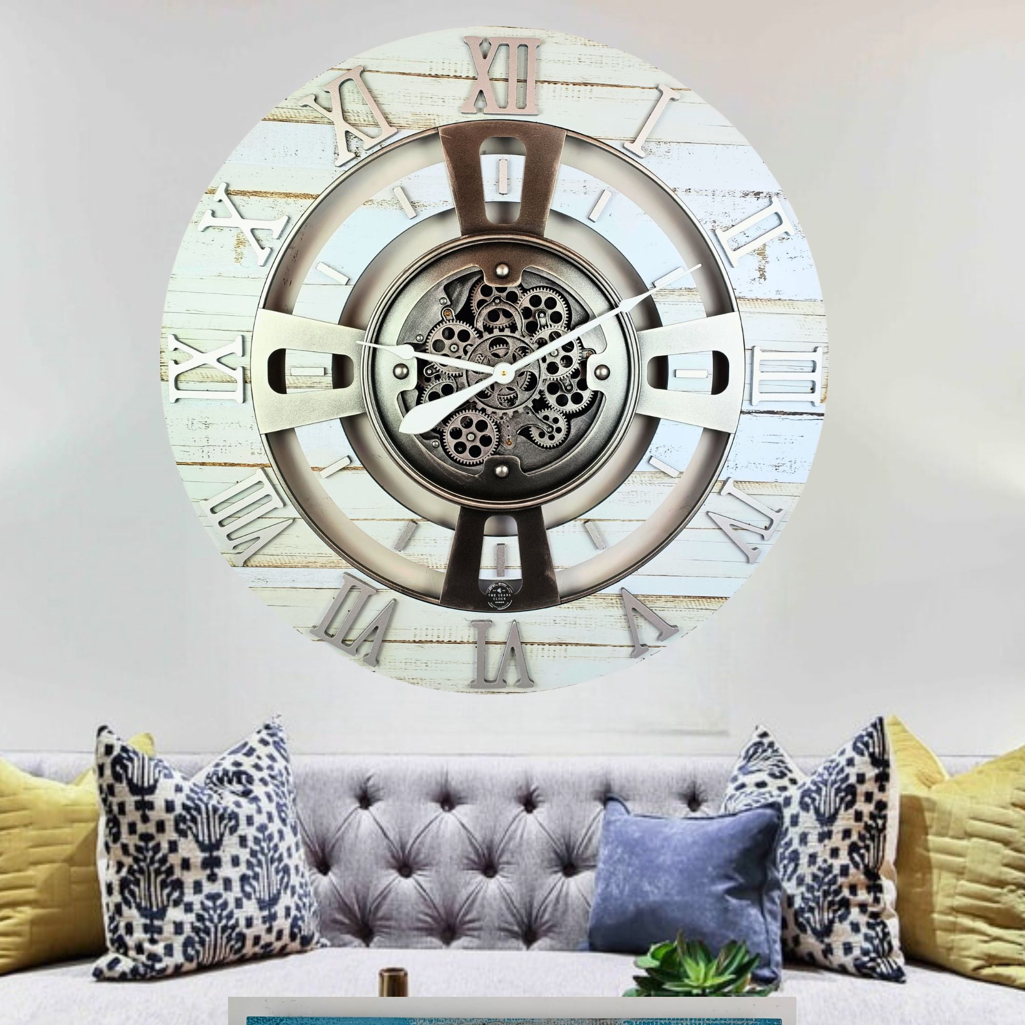 THE GEARS CLOCK Wall Clock with Real Moving Gears EN-LI_ 36 in Round Desert-Beige