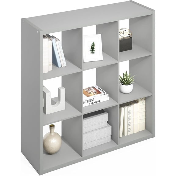 FurniFact Light Grey 9 Cube Storage Organizer with Open Back and Modern Wood Design