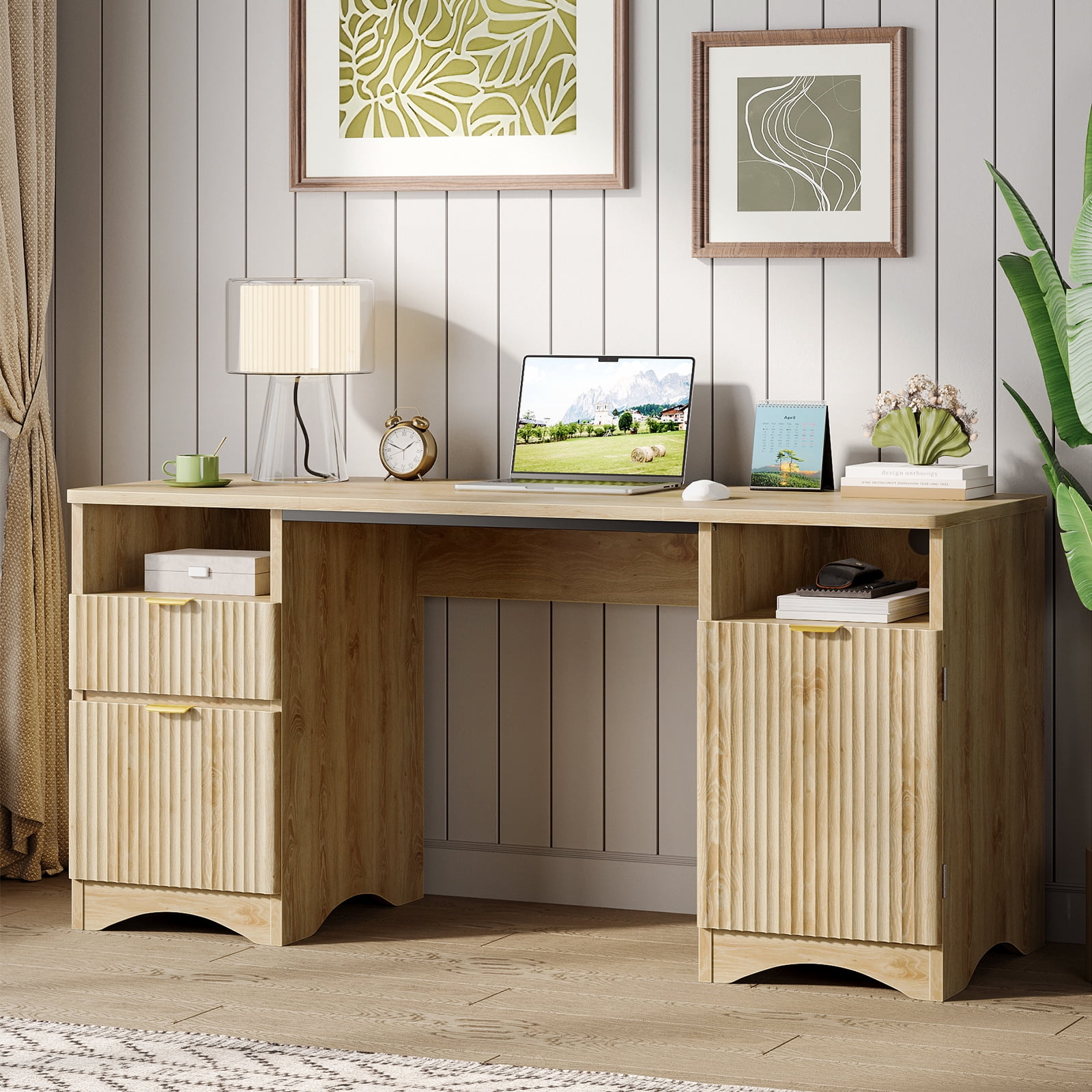 Bestier 59" Modern Executive Desk with Storage, Wood Home Office Desk with 2 Drawers & 3 Cabinet, Fluted Computer Writing Desk for Study, Living Room, Bedroom, Oak