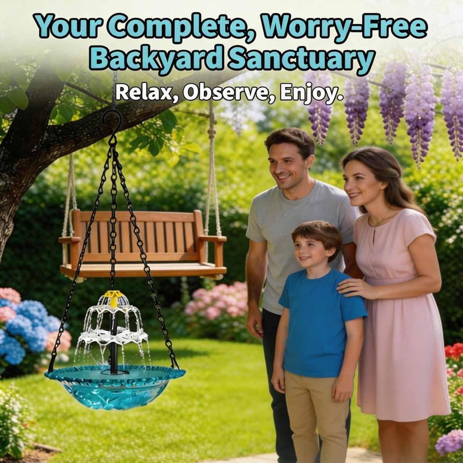 Bird Bath Solar Fountain, Hanging 10inWide Blue Basin, Solar Powered Fountain Pump Kit, Outdoor Backyard Bird Watering Station
