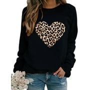 Haite Women Simple Fall Blouse Top Loose Round Neck Pullover Leopard Prints Sweatshirt S-3XL