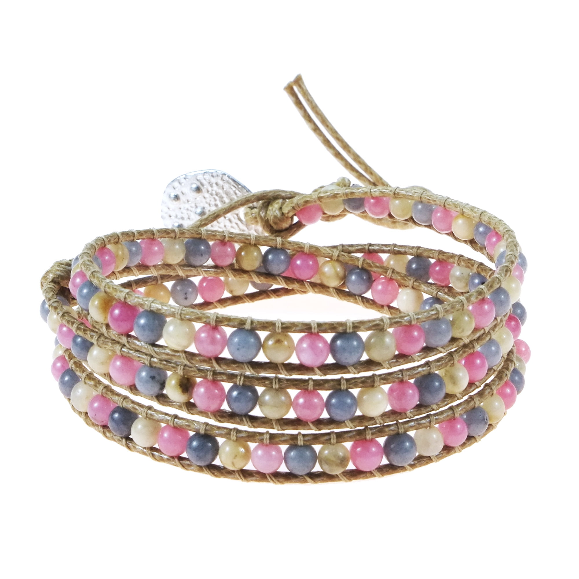 Rosy Magic Multistone Triple Cotton Snake Cord Rope Wrap Bracelet by