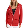 thumbnail image 4 of Women's Full Zip Hooded Sweatshirt with Drawstring, Soft Cotton Blend Casual Pullover with Front Pockets, Oversized Streetwear Jacket for Autumn Winter, Lounge Wear and Daily Activities Red M, 4 of 6