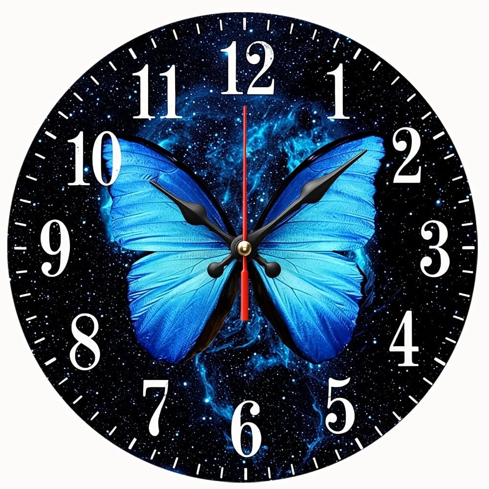 2D Flat Wooden Wall Clock,Blue Butterfly Wall Clock,Big Wing Btterfly Flying Across The Starry Sky,for Living Room Bedroom Bathroom Office Decor - AA Battery Not Included